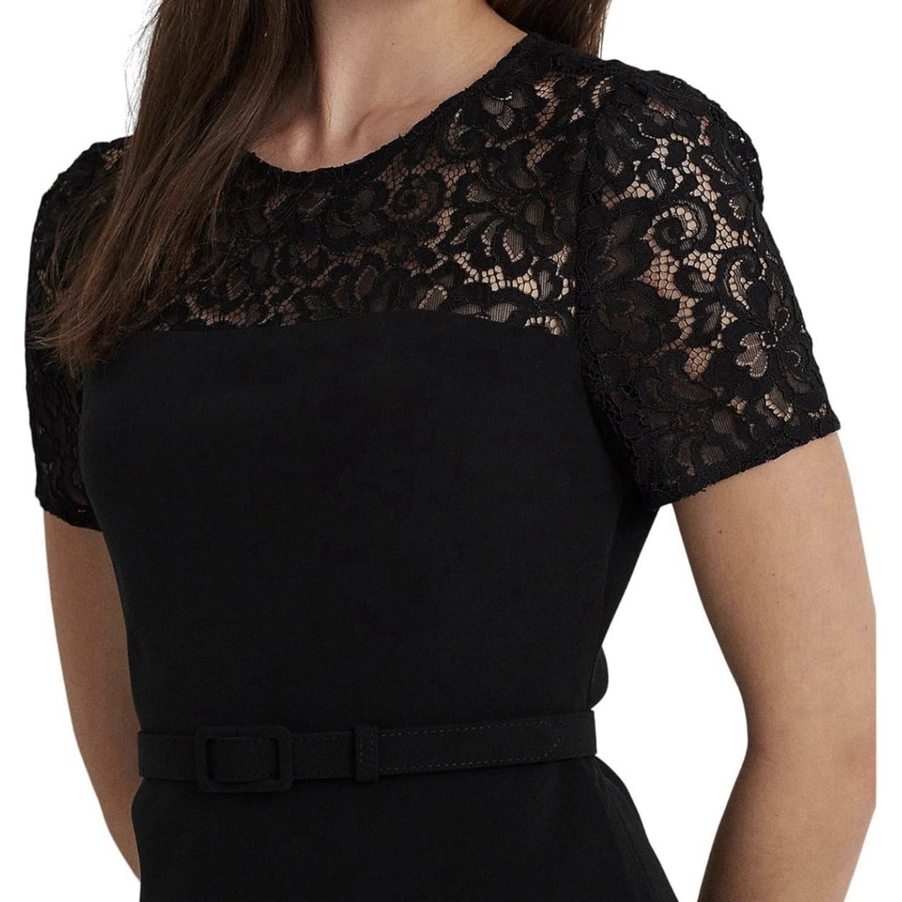 Lauren Ralph‎ Lauren Women's Black Georgette Lace-Trim Belted Dress Size 12